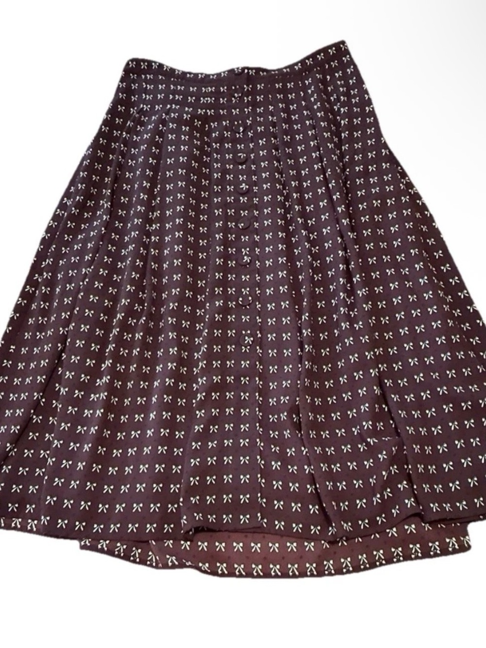 Talbots Women 10 Burgundy Dotty White Bows Pleated A-Line Midi Skirt Feminine